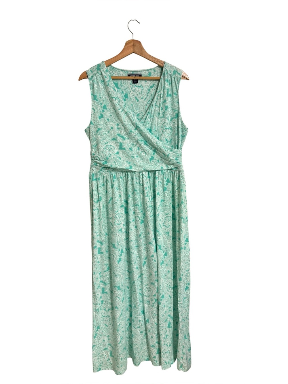 Lands’End aqua teal white paisley print crossover wrap sleeveless maxi dress MP - Picture 1 of 11